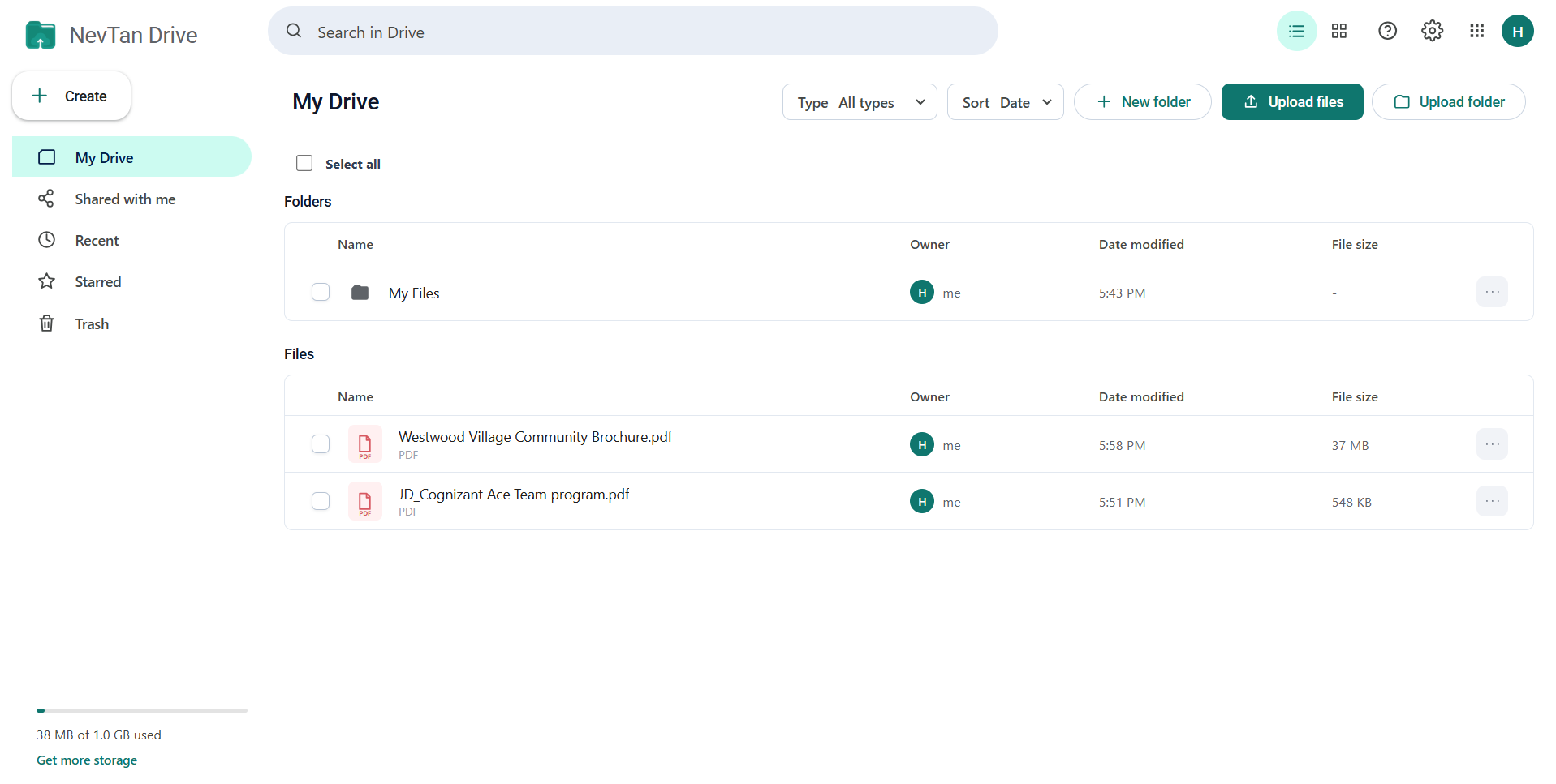 The Drive workspace with the sidebar, top bar, and file area