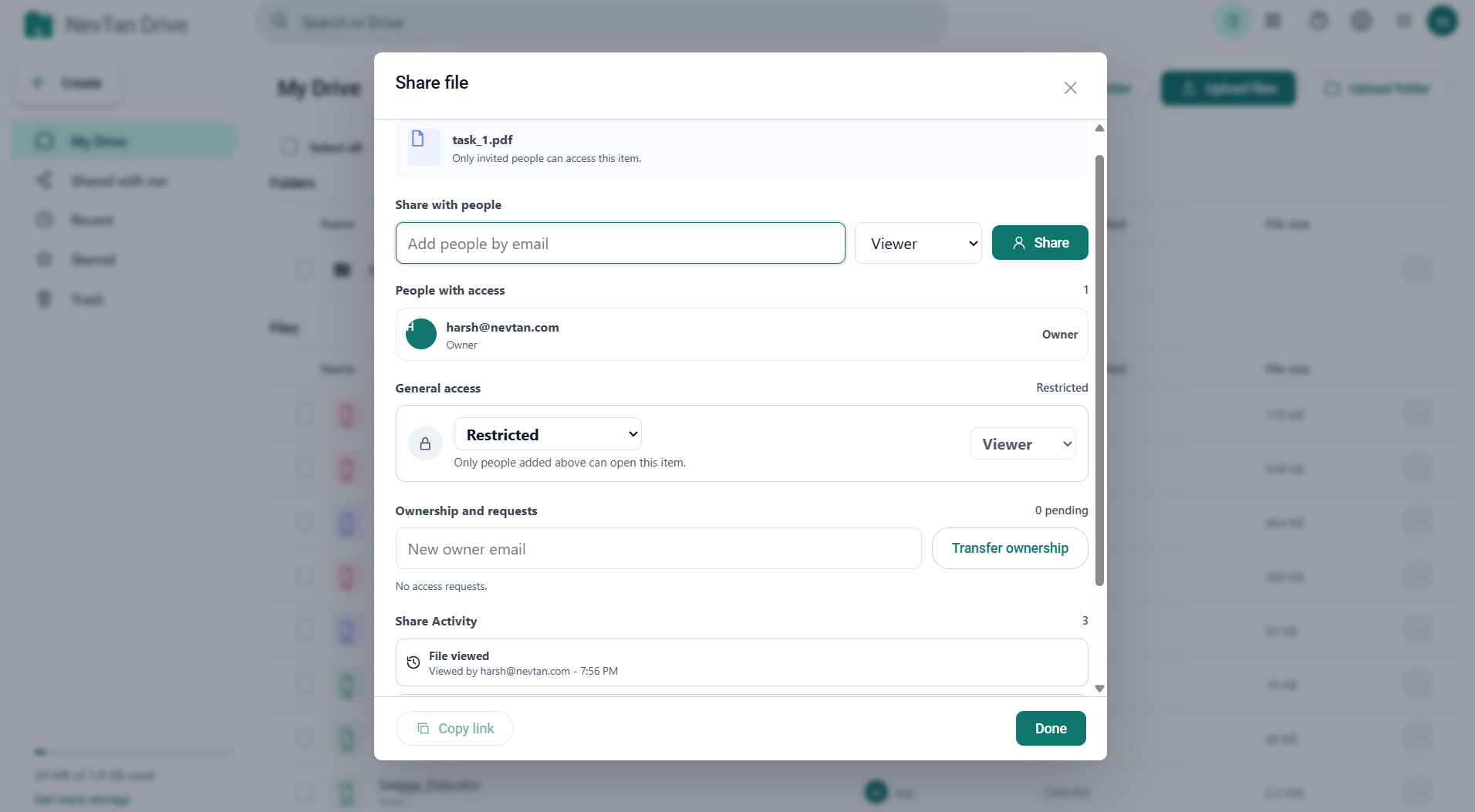 The NevTan Drive share dialog