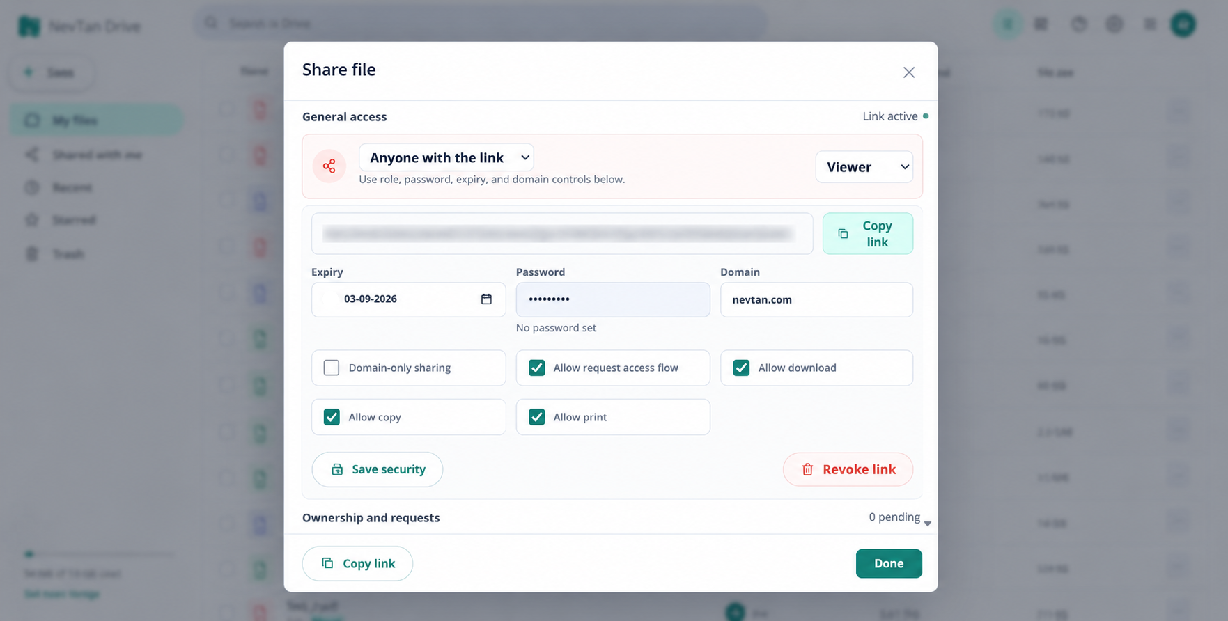 The link security controls in the share dialog
